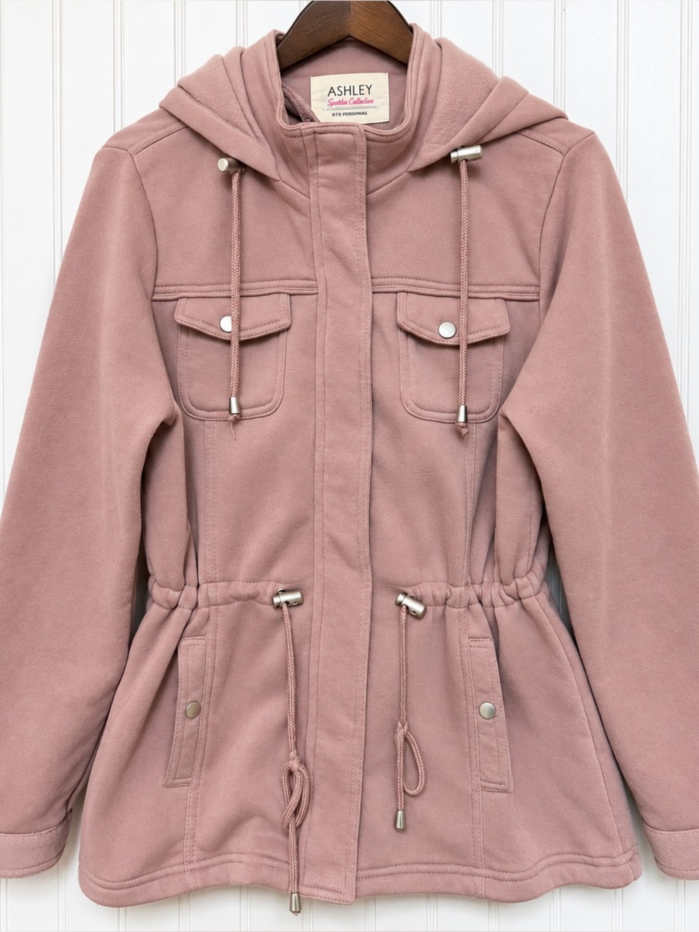 Women's Hooded Dusty Rose Utility Jacket Size L Drawstring Waist Military Field